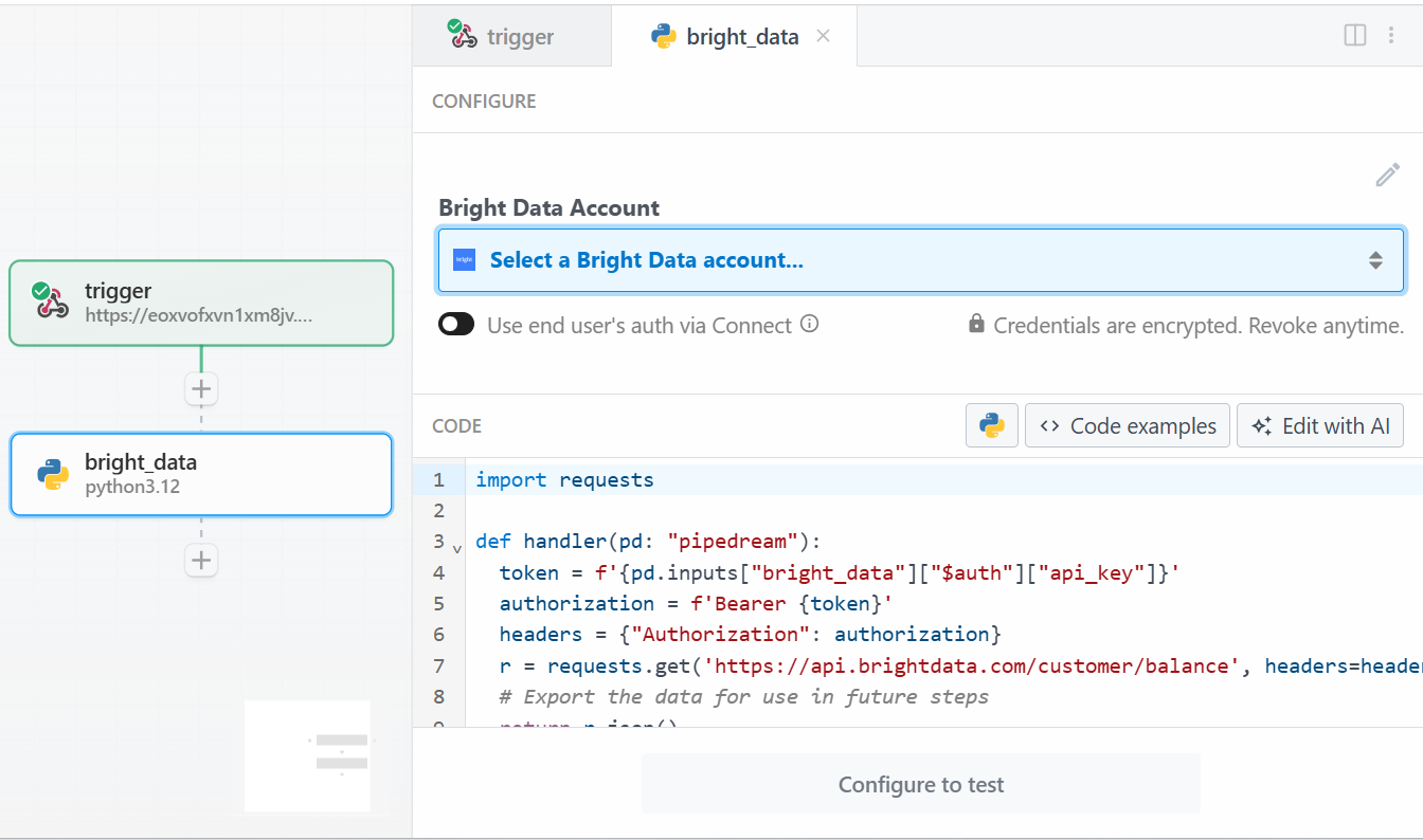 Действие "Использовать любой Bright Data API в Python" в Pipedream