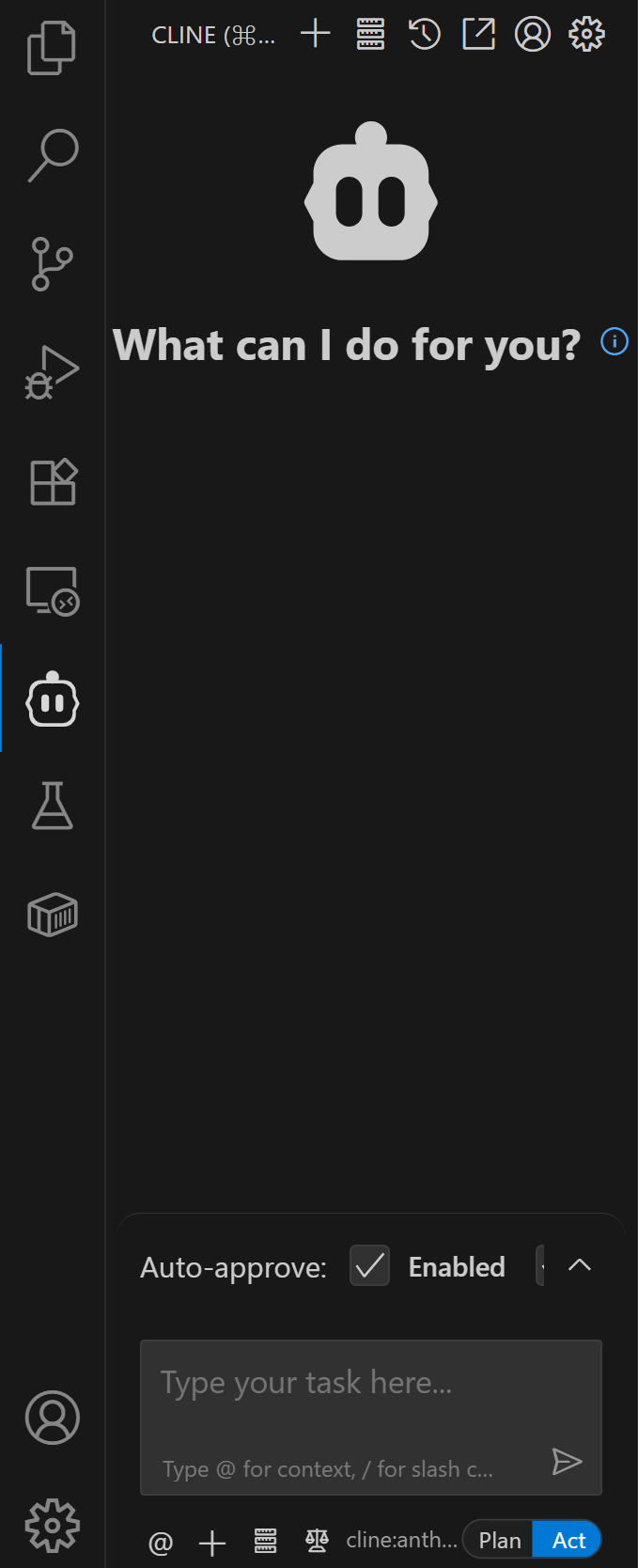 Панель расширения Cline в VS Code