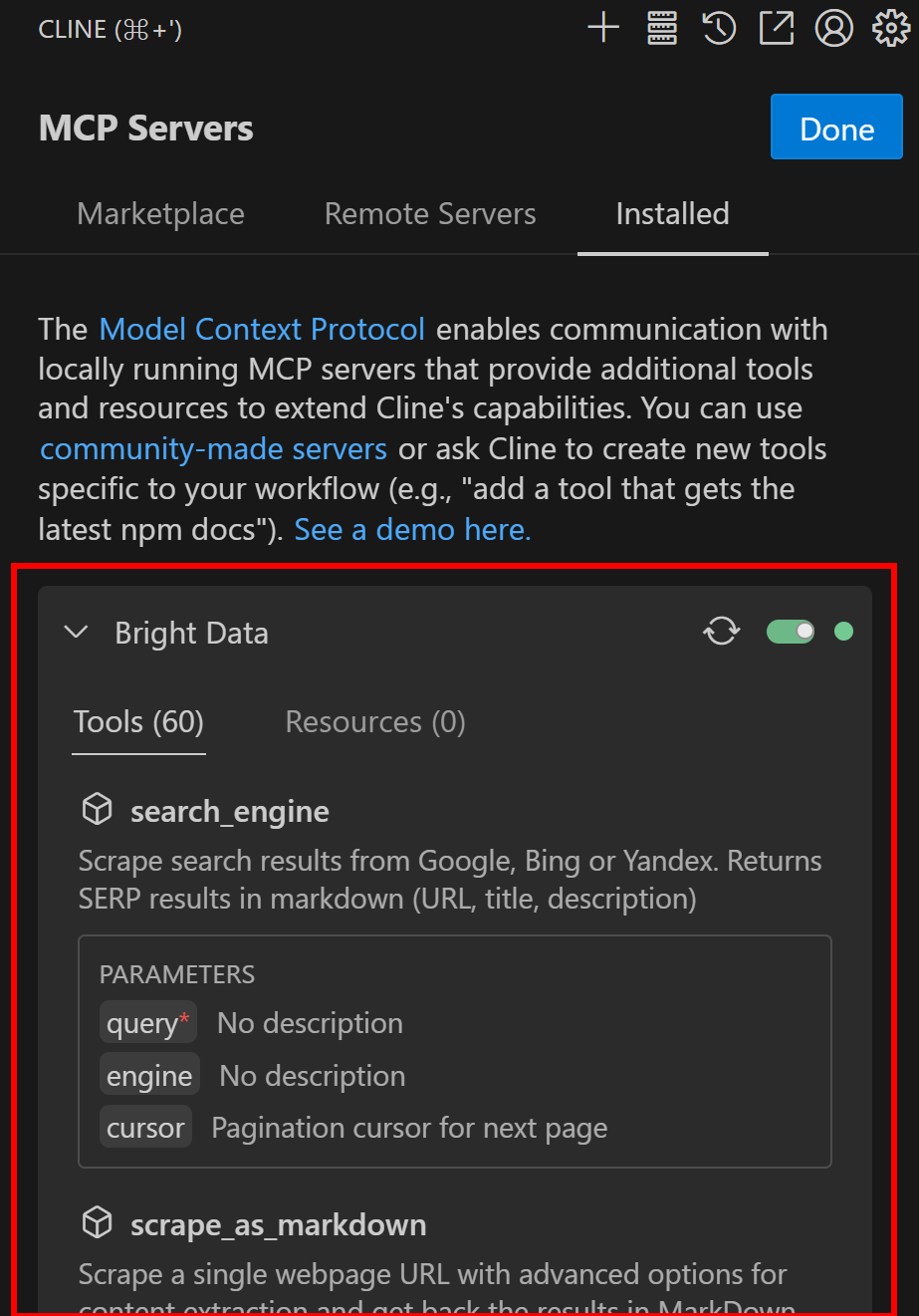 Подключенный сервер Bright Data Web MCP