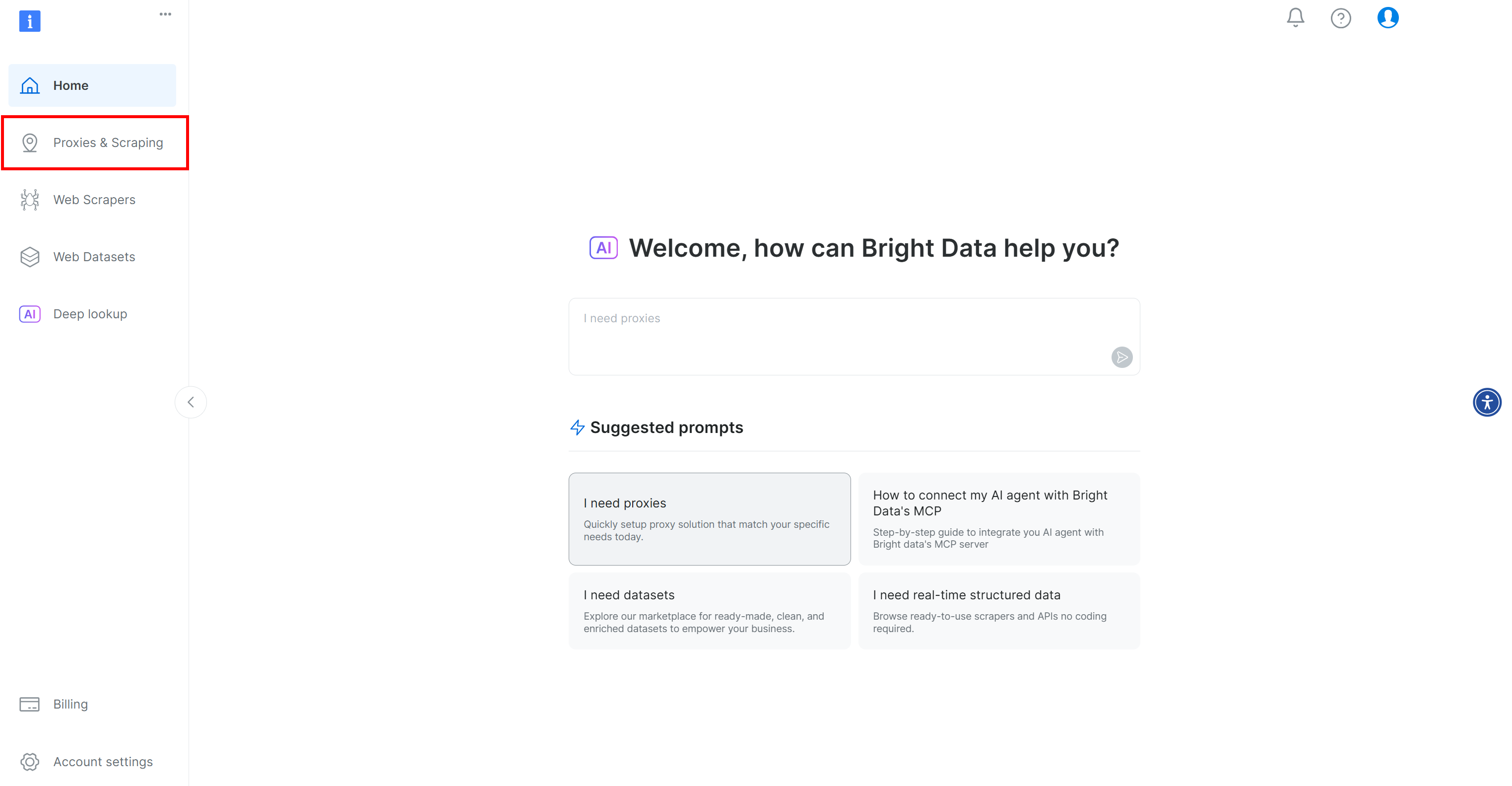 Нажмите кнопку "Прокси и скрапинг" на приборной панели Bright Data