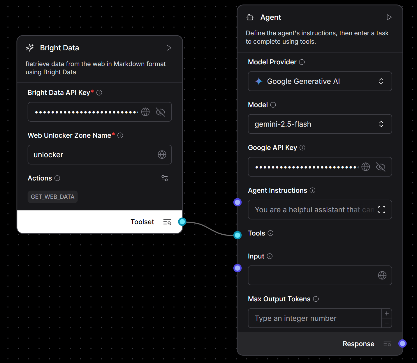 Подключение компонента Bright Data к компоненту Agent