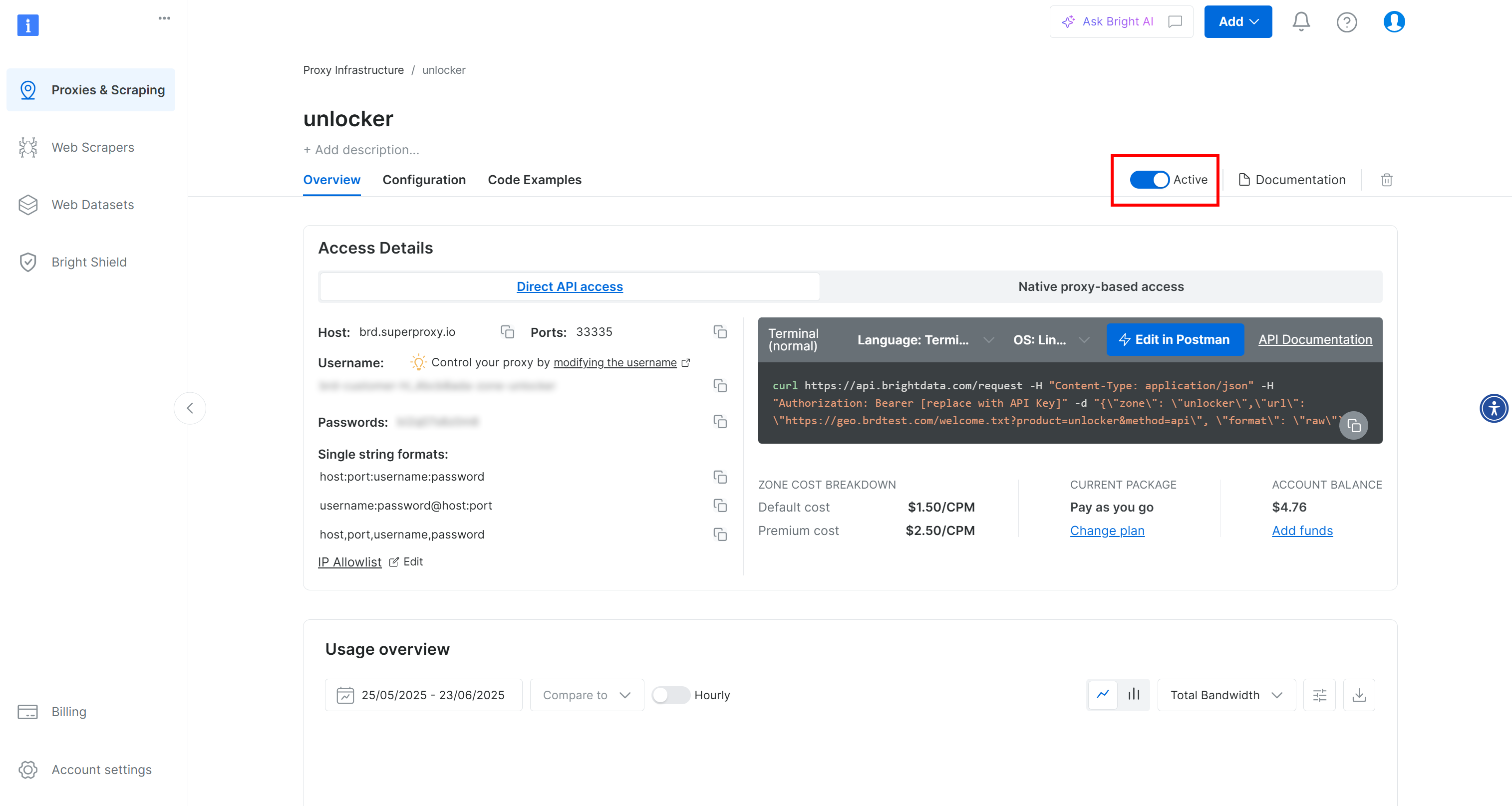 Страница зоны API Web Unlocker "unlocker"