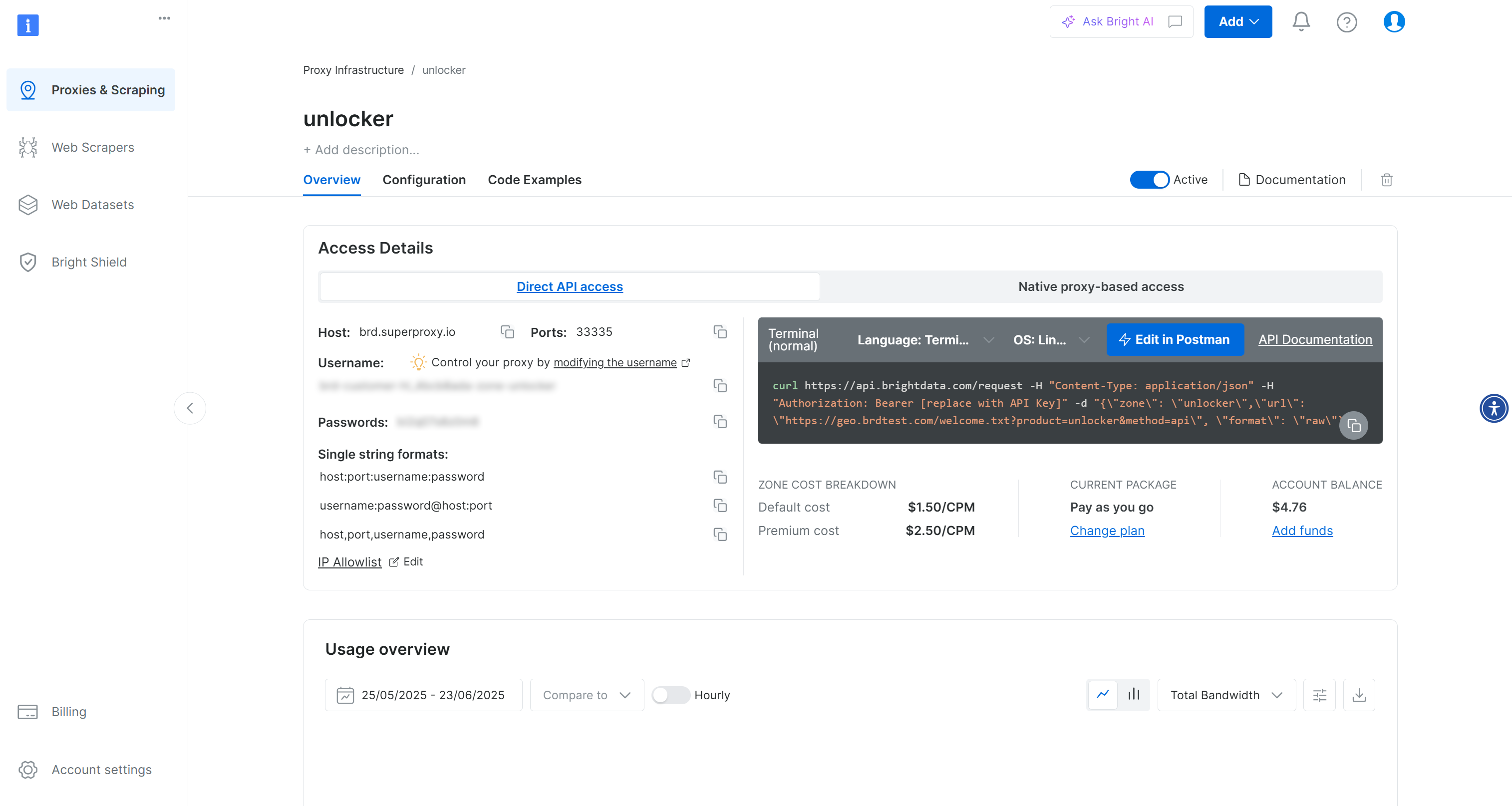 Страница зоны API Web Unlocker "unlocker"