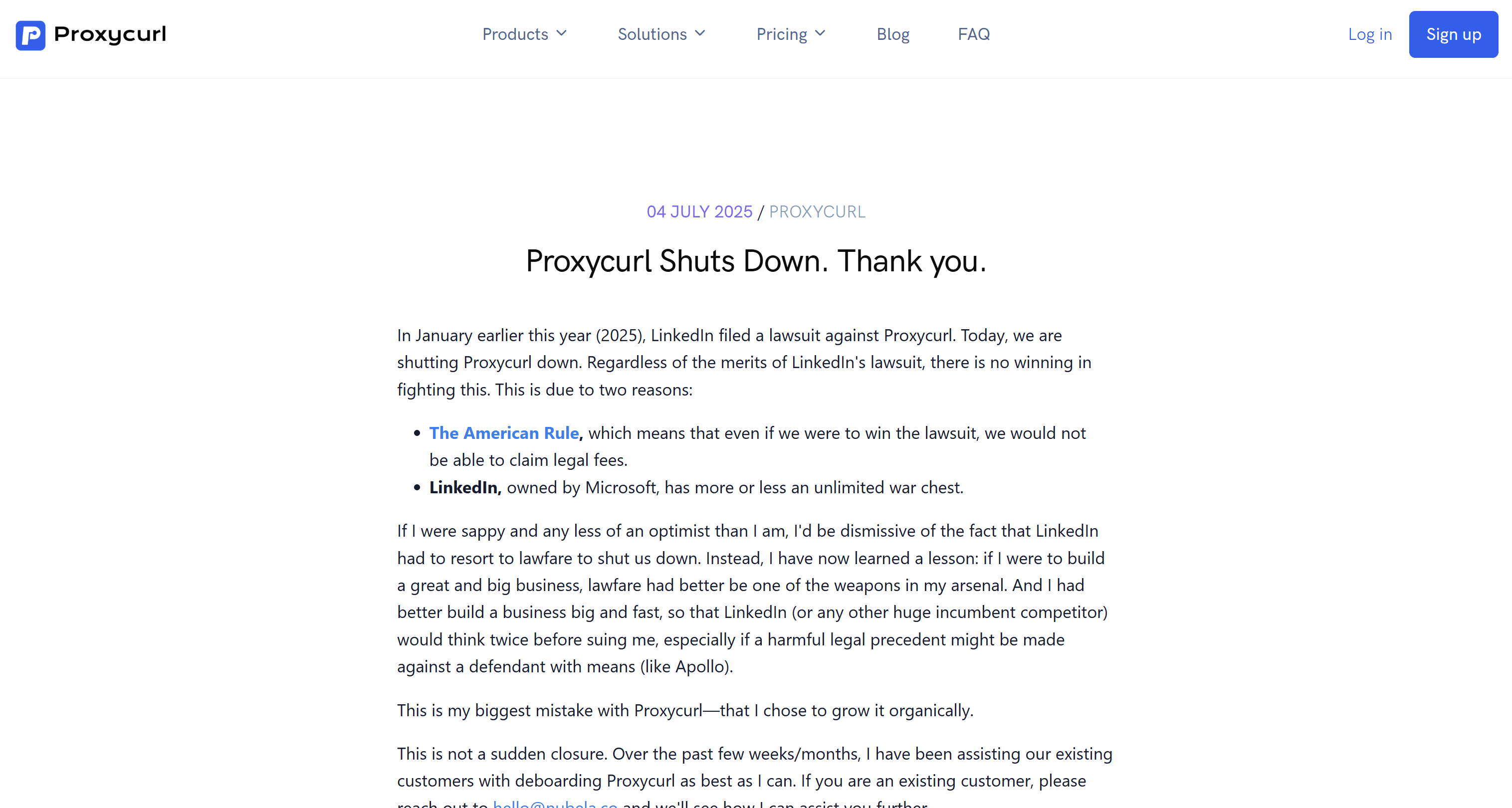 Объявление компании Proxycurl о прекращении работы