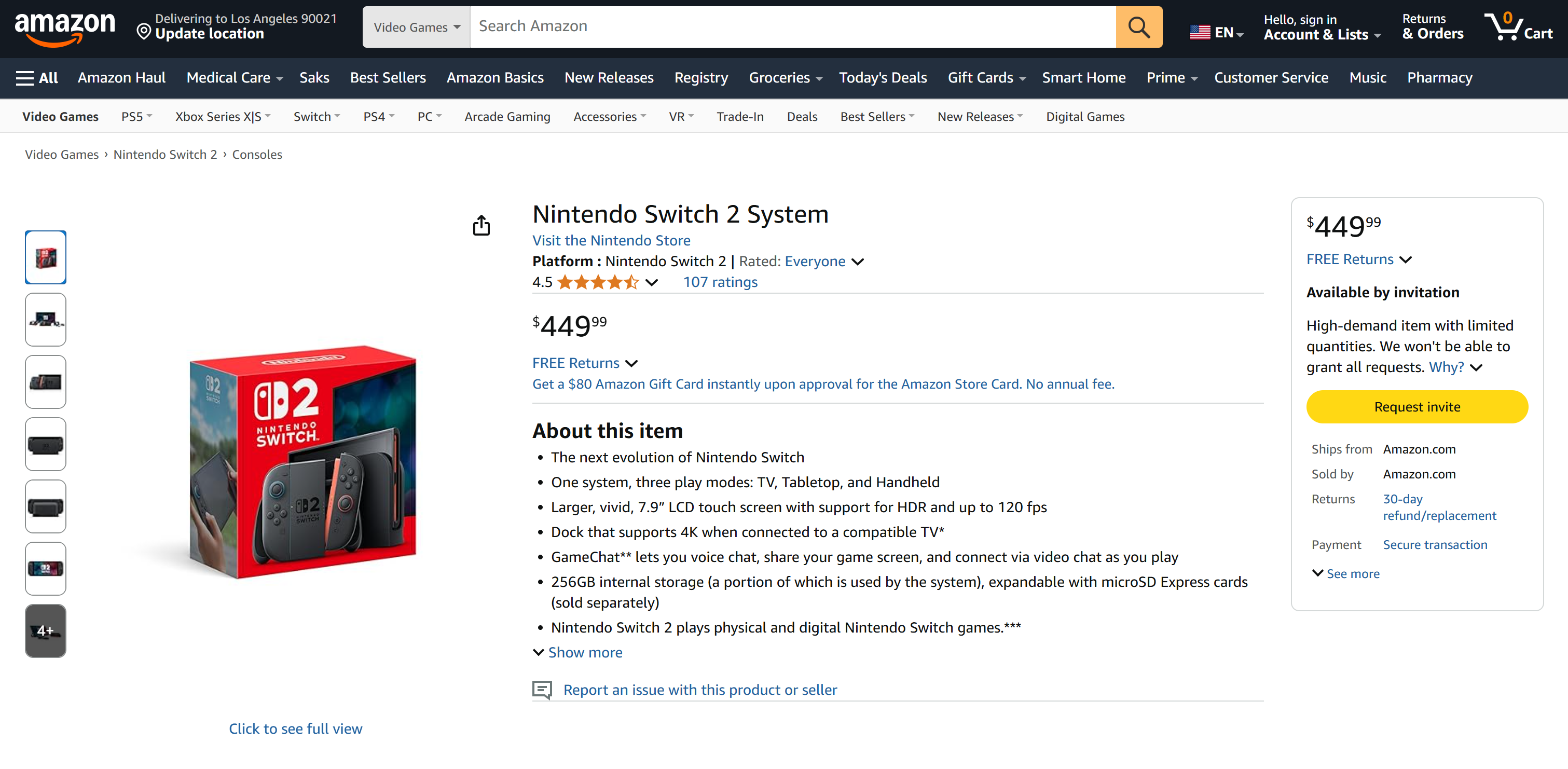 Целевая страница Nintendo Switch 2 на Amazon
