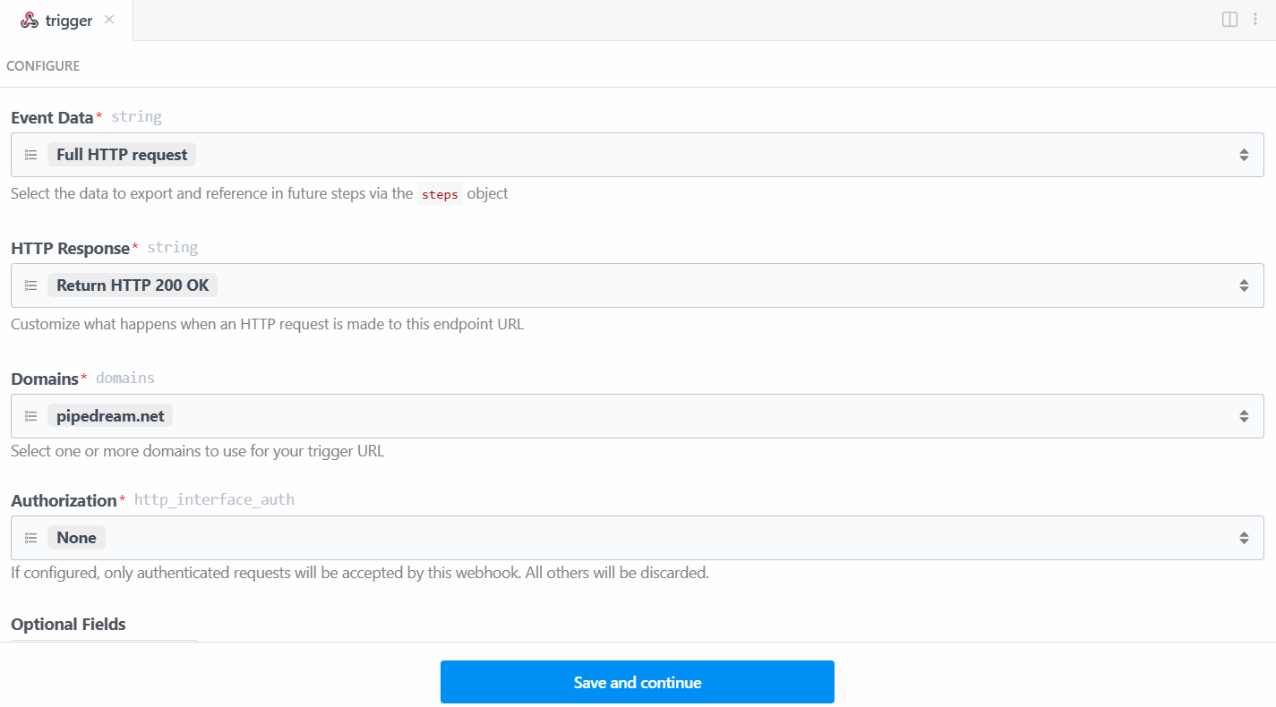 Настройки триггера Webhook