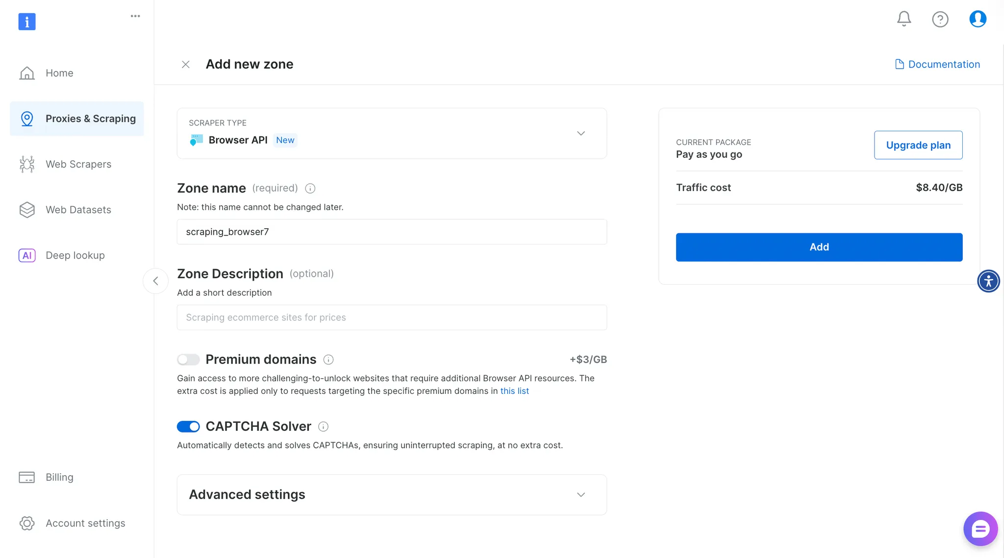 Добавление новой зоны Browser API на платформе Bright Data