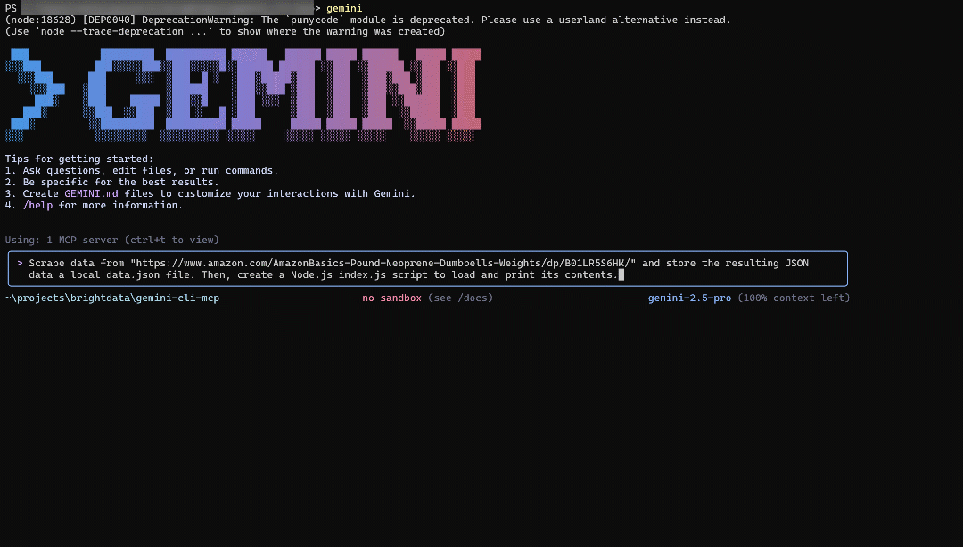Выполнение подсказки в Gemini CLI