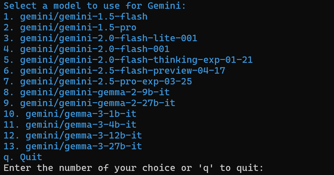 Выбор модели Gemini