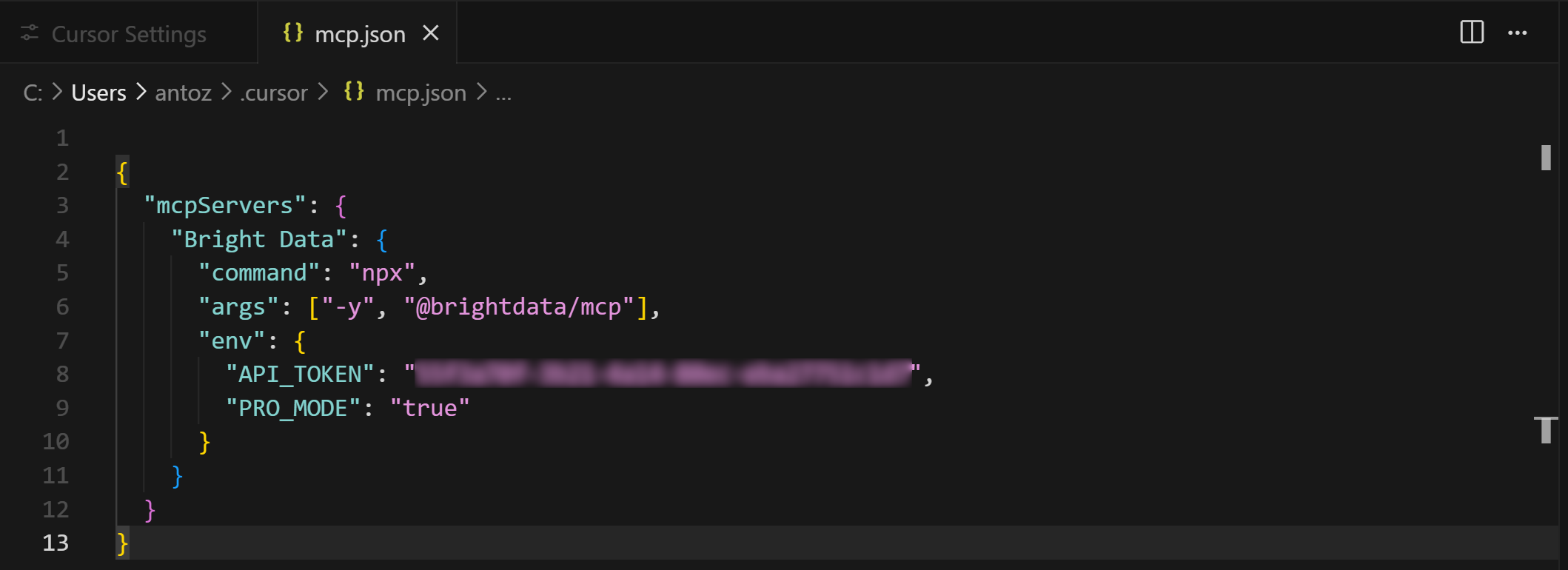 The configured mcp.json file in Cursor