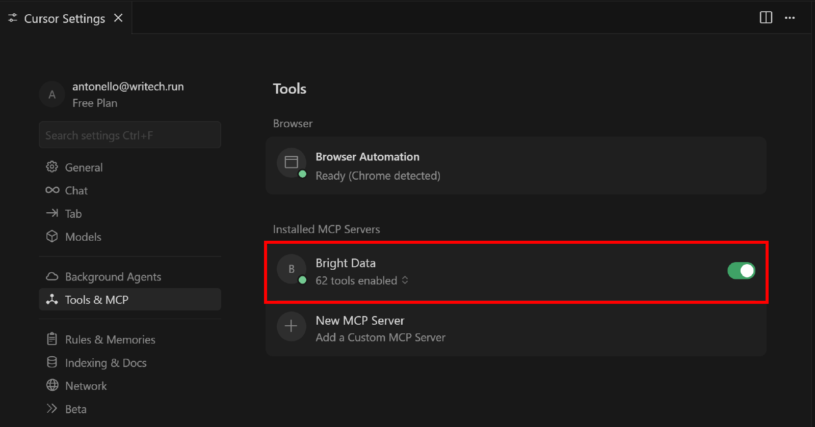 The “Bright Data” MCP option in the “Tools” section