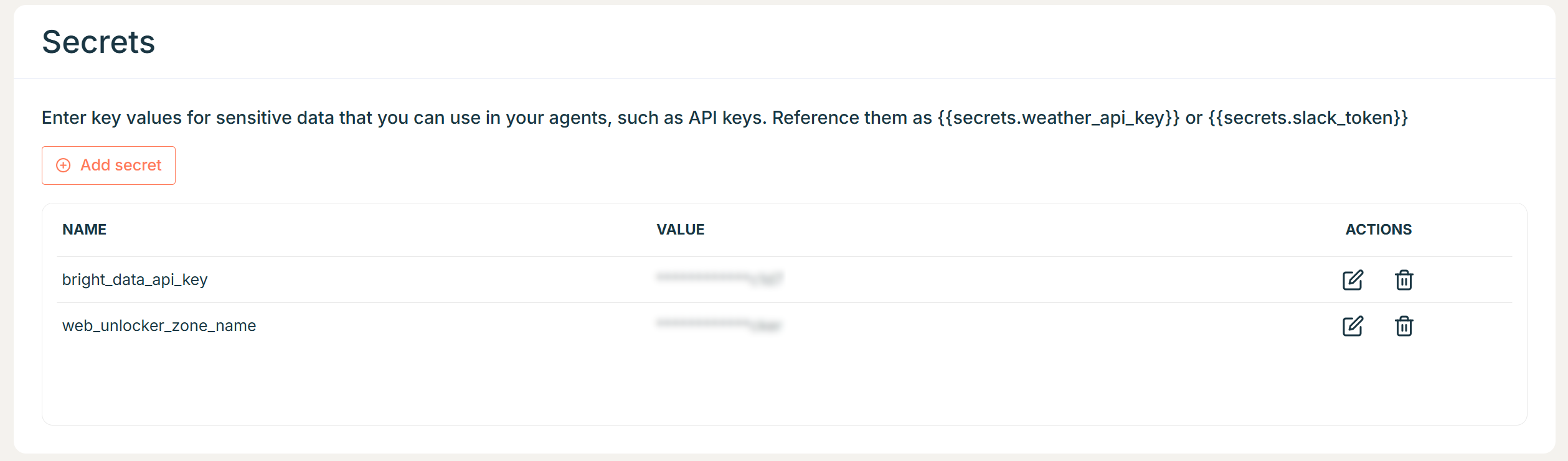 Note the two secrets required to connect to Web Unlocker API