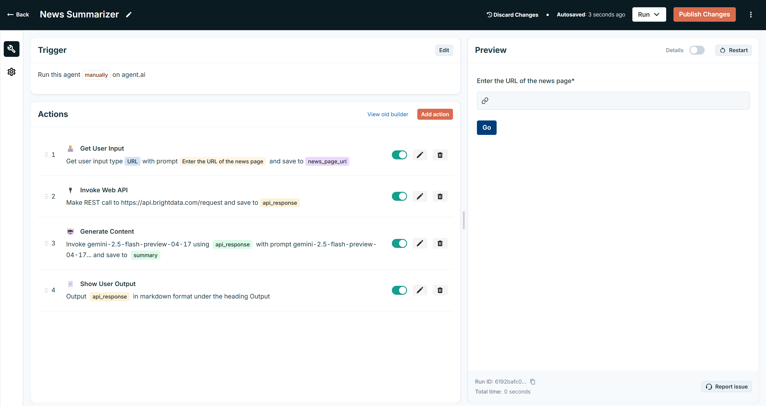 The agent with the new “Generate Content” action