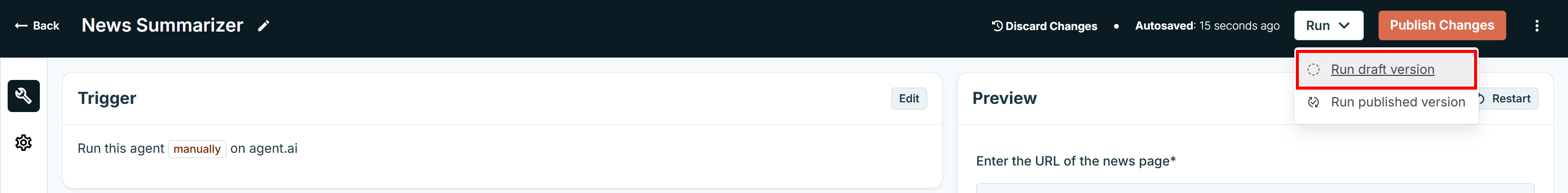 Selecting the “Run > Rung draft version” option