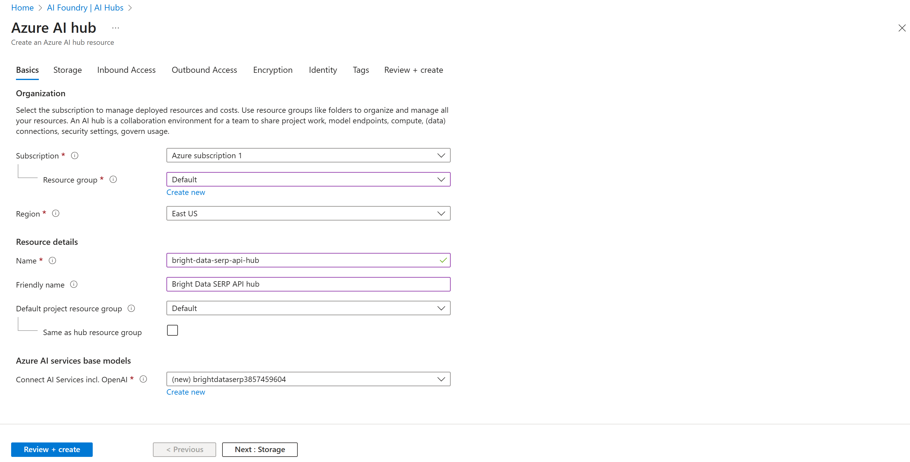 Filling out the Azure AI Hub creation form