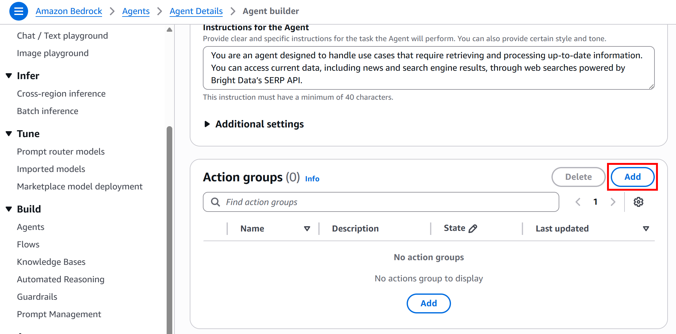 Pressing the “Add” button in “Action groups”