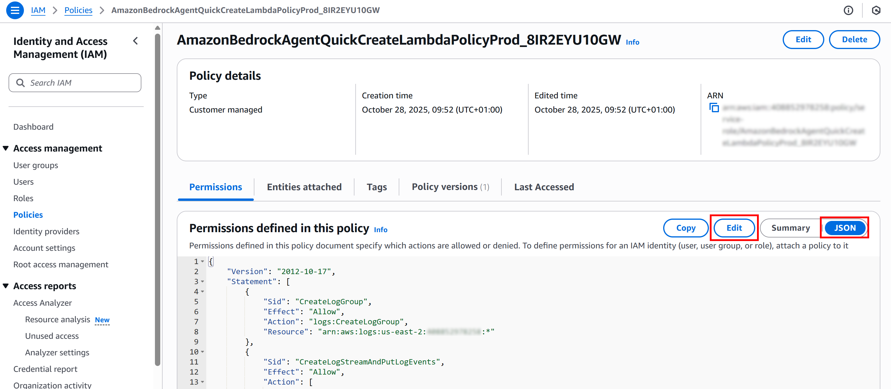 Accessing the JSON view of the permission policy