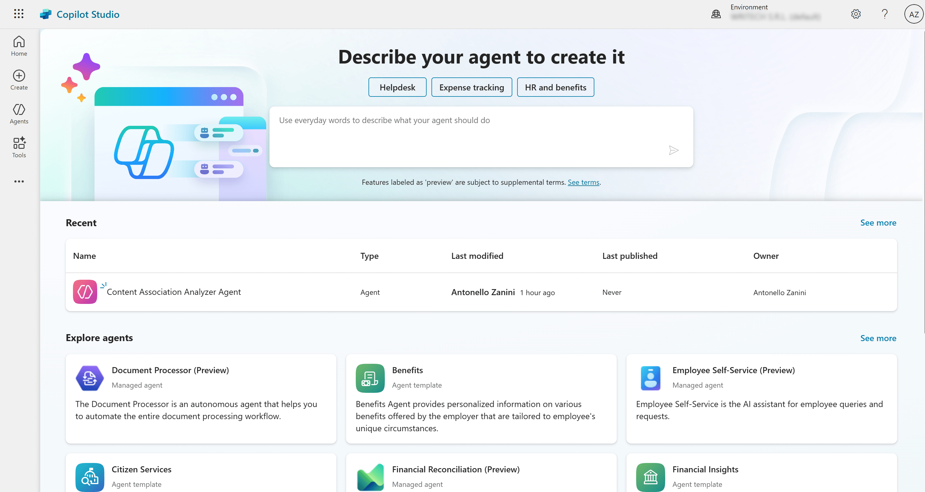 The Copilot Studio dashboard