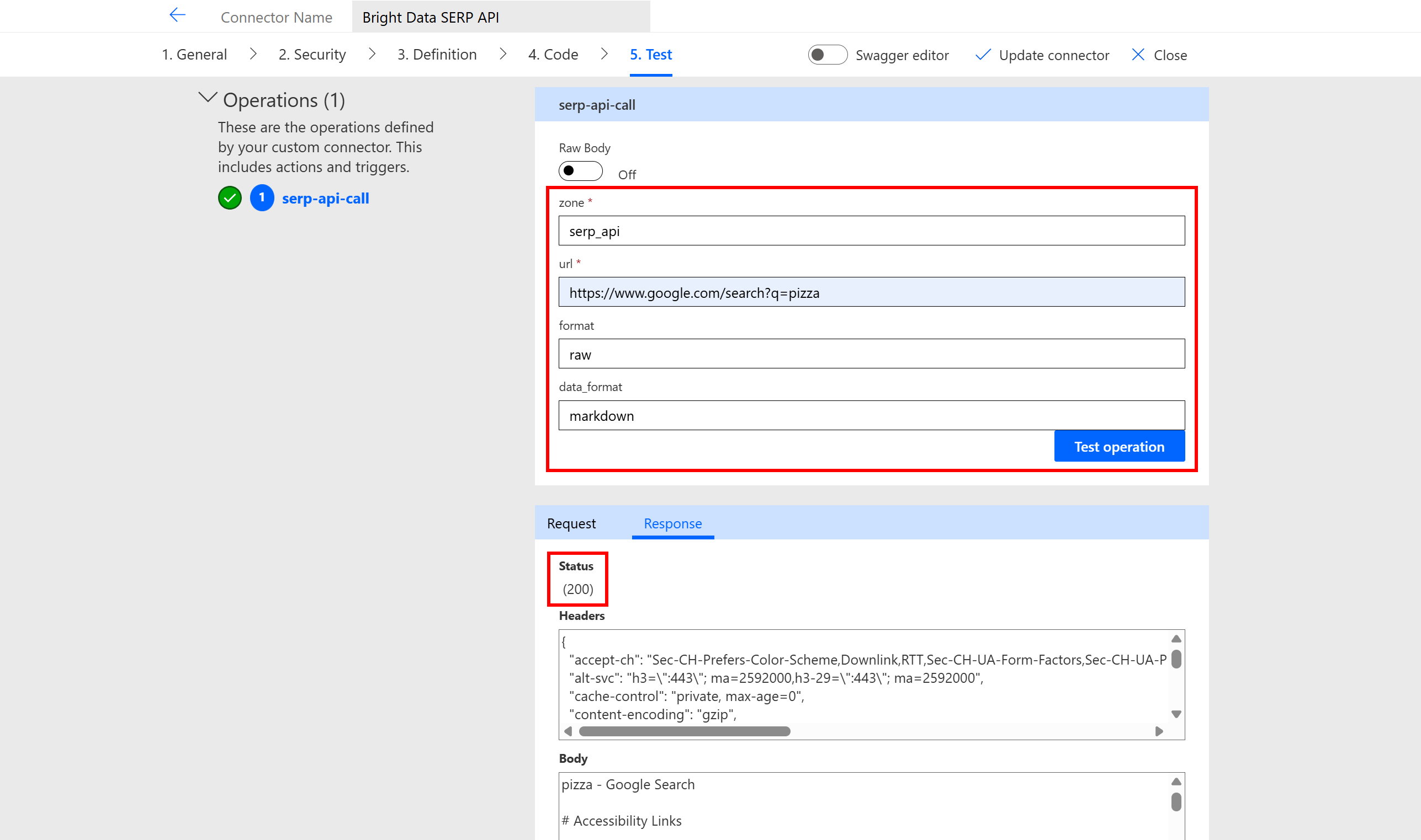 Note the 200 response on the test input
