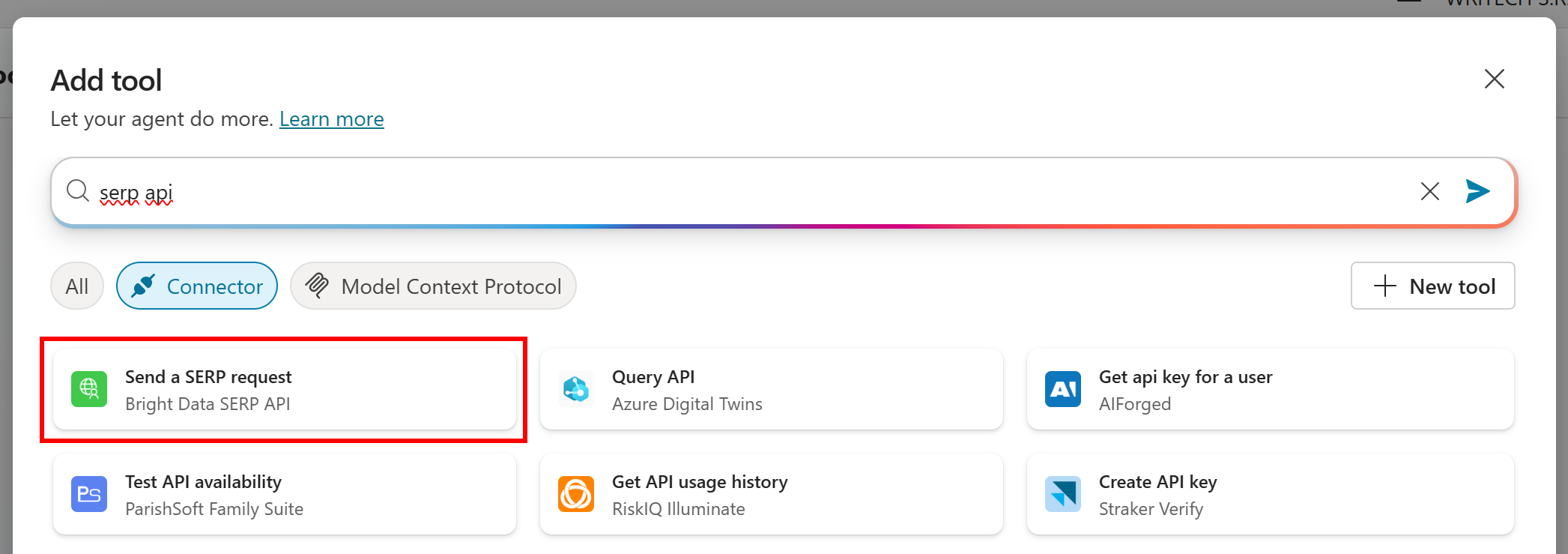 Select the “Send a SERP request” connector